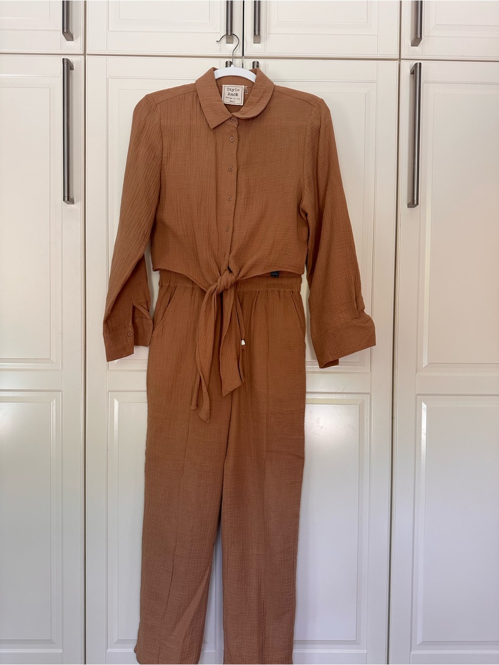 Style Rack Rust Brown Tie-Waist Button Jumpsuit